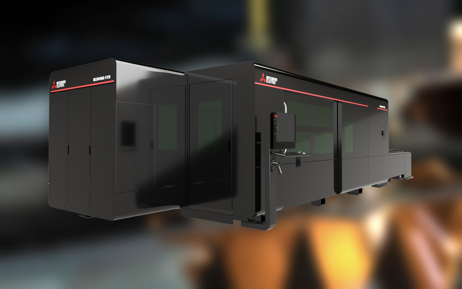 Mitsubishi GX-F Advanced Plus fiber laser cutting system on a fabrication shop floor, supplied by Cimarron Industrial Sales in Arkansas