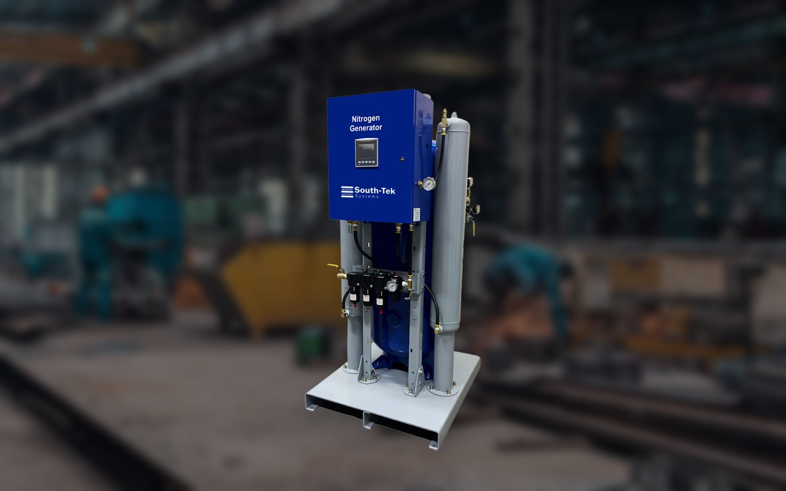South-Tek on-site nitrogen generator running on a metal fabrication shop floor, supplied by Cimarron Industrial Sales in Arkansas